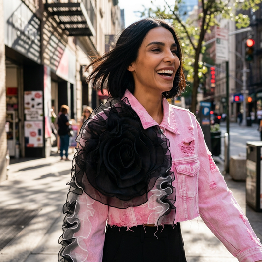 Chaqueta de Mezclilla Cortada para Mujer Dalia | Apliqué de Rosa en Organza 3D, Dobladillo Desgastado