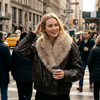 Chaqueta de Mujer Fiona | Cuero PU con Cuello de Piel, Estilo Moto Chic