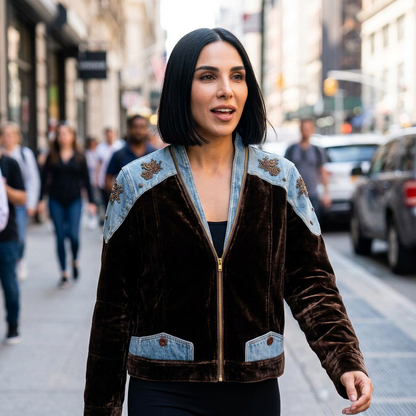 Chaqueta Bomber para Mujer Delara | Patchwork de Terciopelo y Mezclilla, Hombros con Bordado de Cuentas