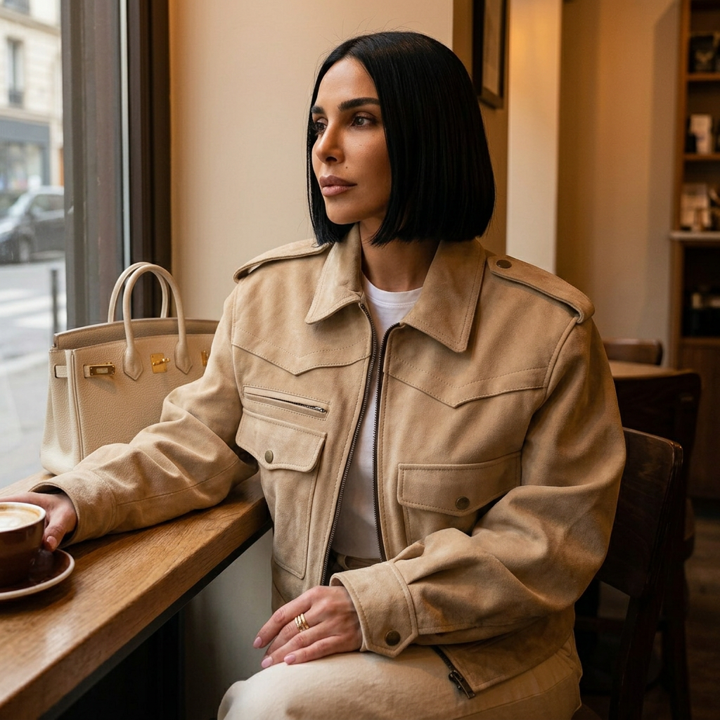 Veste courte pour femme Bella | Suède beige doux, coupe slim avec poches