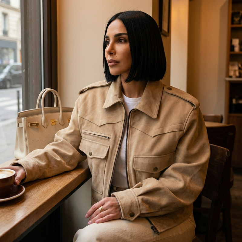 Veste courte pour femme Bella | Suède beige doux, coupe slim avec poches