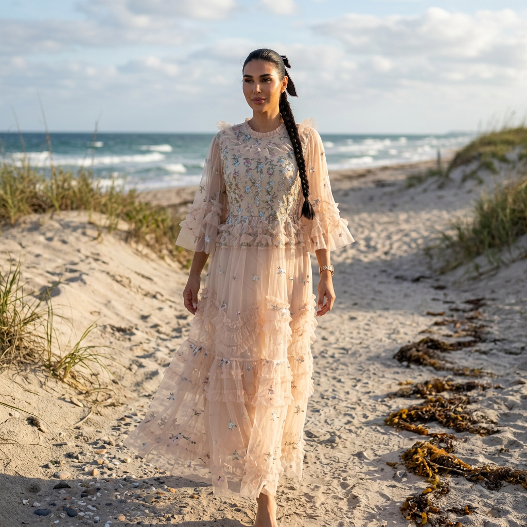 Robe midi pour femmes Rina | Volants brodés floraux, cocktail d'été élégant