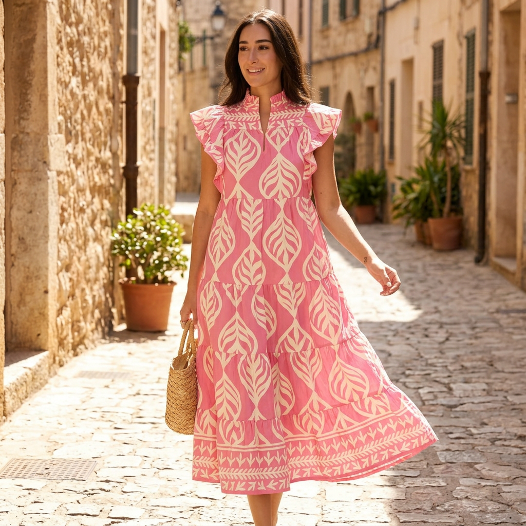 Robe Maxi Femme Uma | Imprimé Feuilles à Étages, Mélange de Rayonne