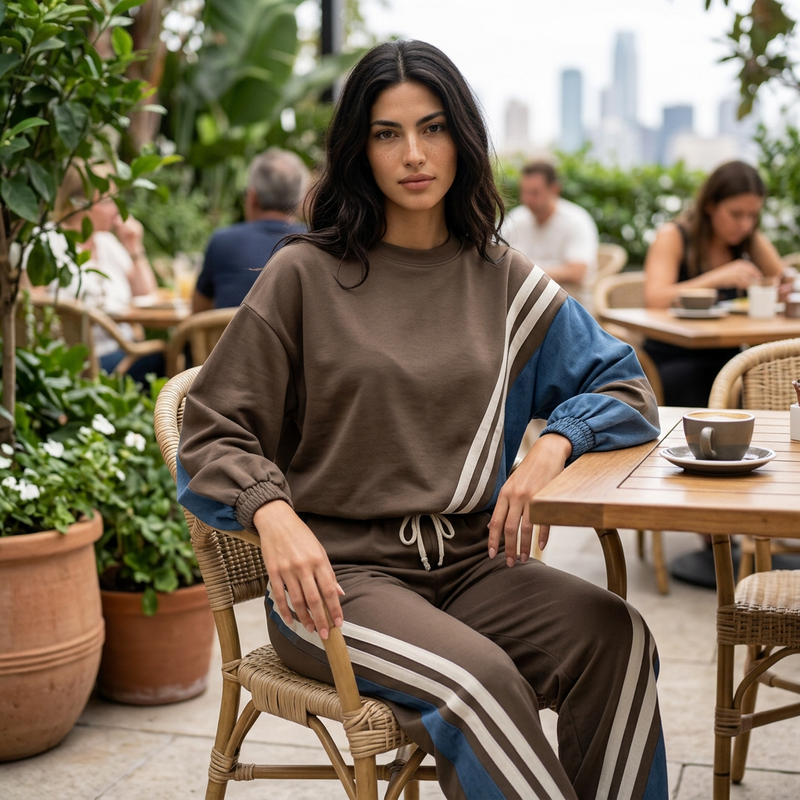 Conjunto de sudadera de dos piezas para mujer Gemma | Detalle de rayas diagonales, pantalones de pierna ancha con cordón