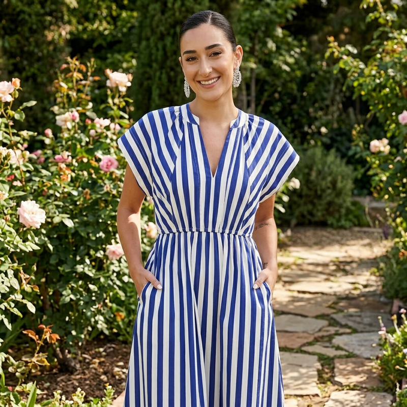 Robe Midi Femme Ursa | Boutons Rayés sur le Devant, Détail à Volants