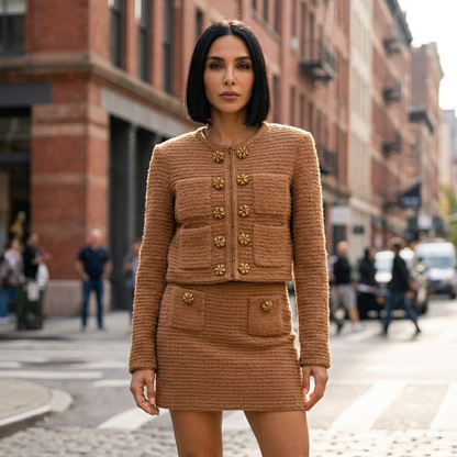 Conjunto de dos piezas para mujer Lena | Tela de tweed texturizada, botones adornados con joyas