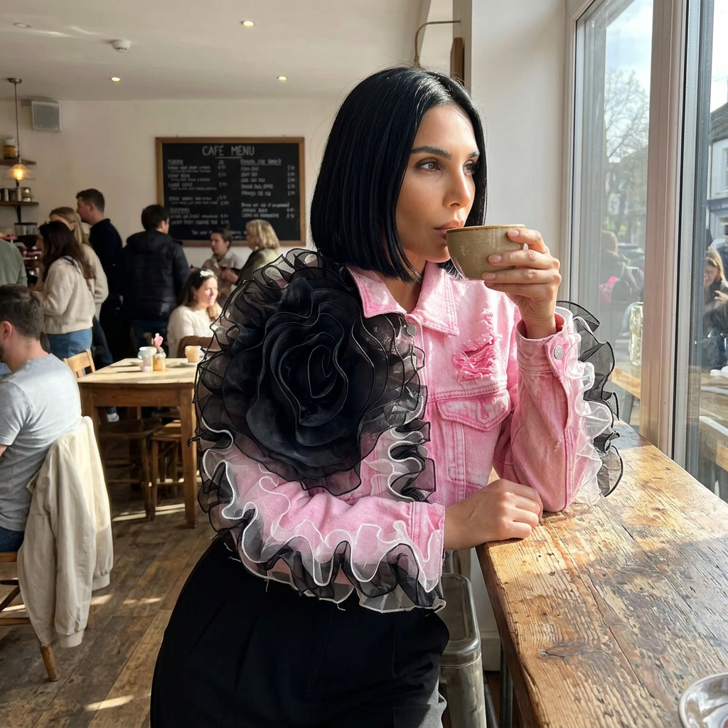 Chaqueta de Mezclilla Cortada para Mujer Dalia | Apliqué de Rosa en Organza 3D, Dobladillo Desgastado