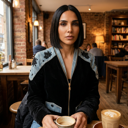 Chaqueta Bomber para Mujer Delara | Patchwork de Terciopelo y Mezclilla, Hombros con Bordado de Cuentas