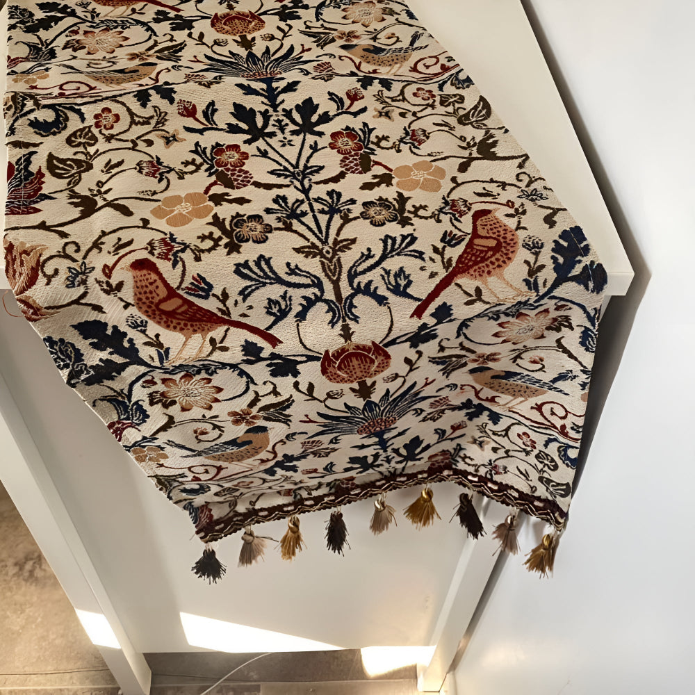 Vintage Floral & Bird Jacquard Table Runner | Tasselled Edges, Easy Care