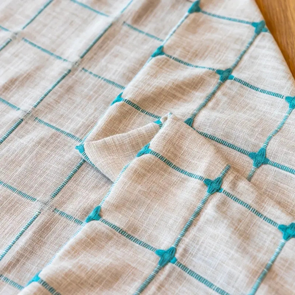 Turquoise Lattice Boho Tassel Curtain | Embroidered Plaid, Semi-Blackout