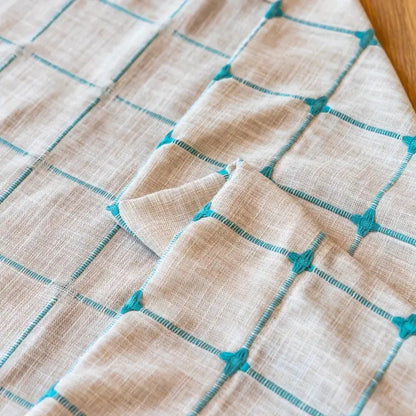Turquoise Lattice Boho Tassel Curtain | Embroidered Plaid, Semi-Blackout