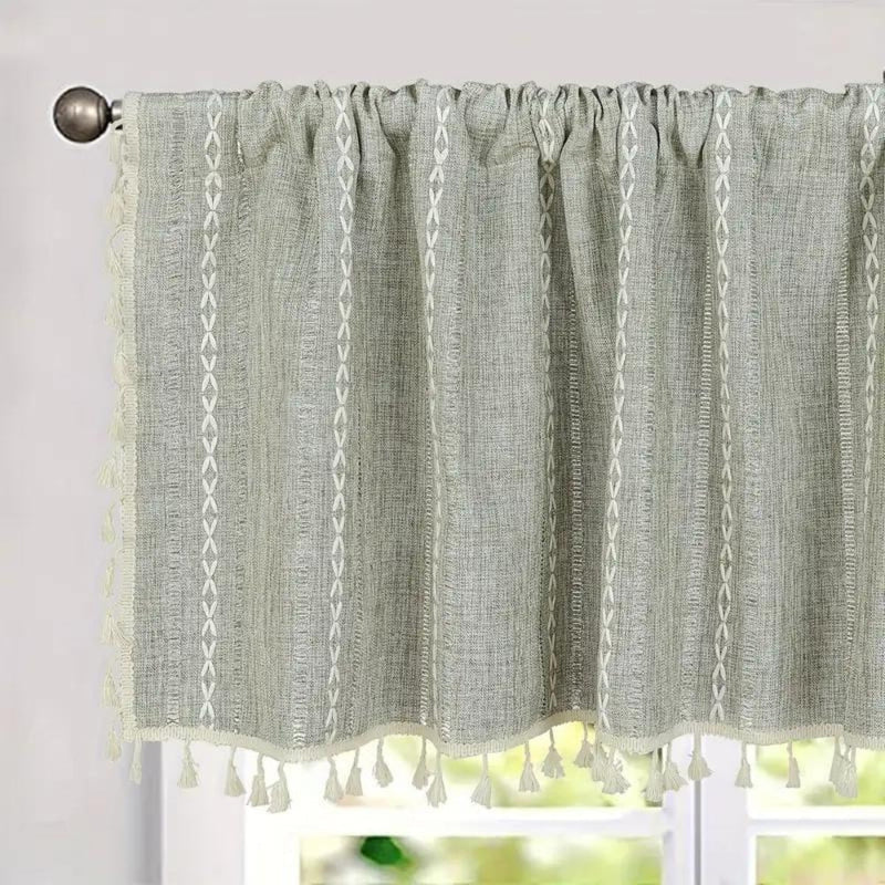 Boho Cotton Linen Kitchen Curtains | Jacquard Stripe, Valance