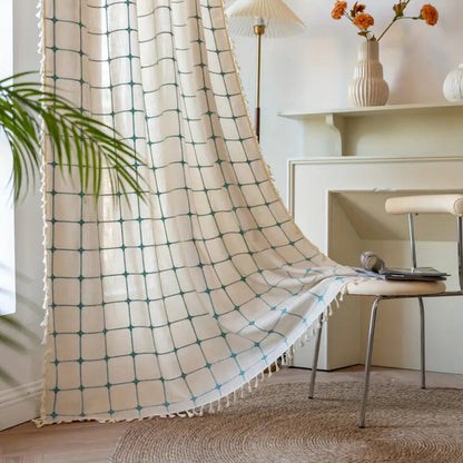 Turquoise Lattice Boho Tassel Curtain | Embroidered Plaid, Semi-Blackout