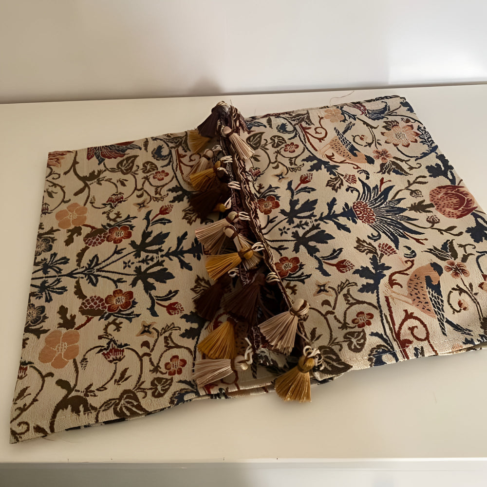 Vintage Floral & Bird Jacquard Table Runner | Tasselled Edges, Easy Care