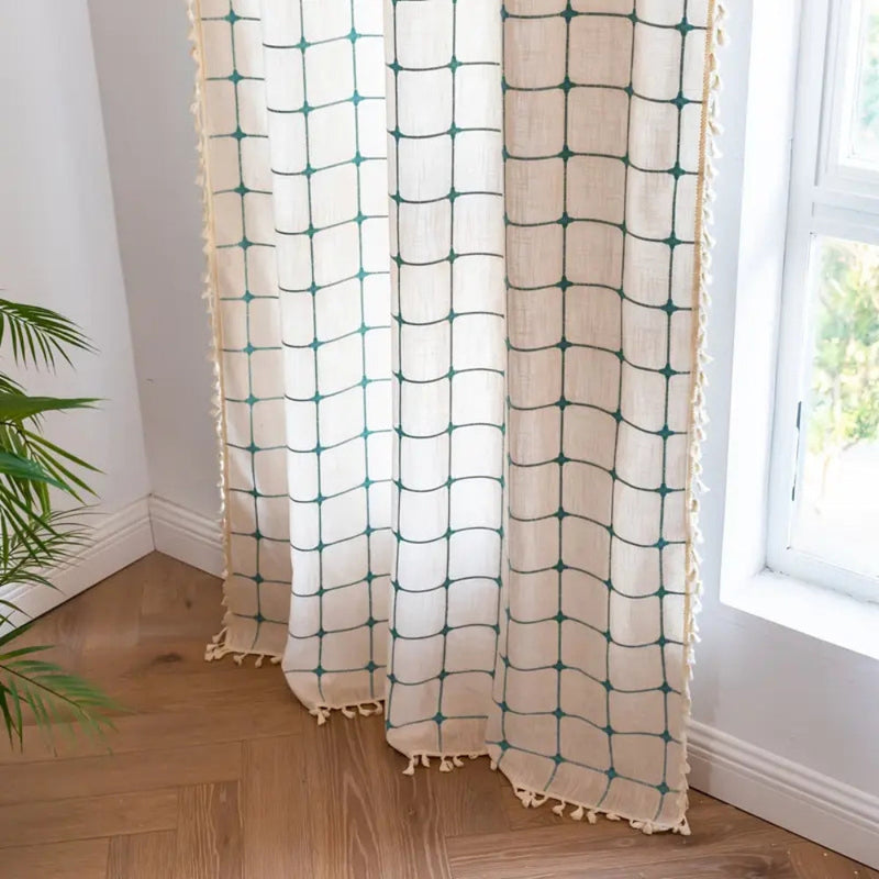 Turquoise Lattice Boho Tassel Curtain | Embroidered Plaid, Semi-Blackout