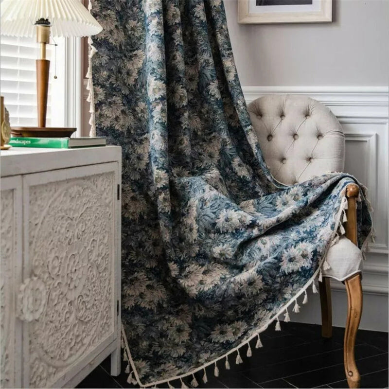 Navy Floral Tassel Curtains | Brushed Polyester, Boho Style