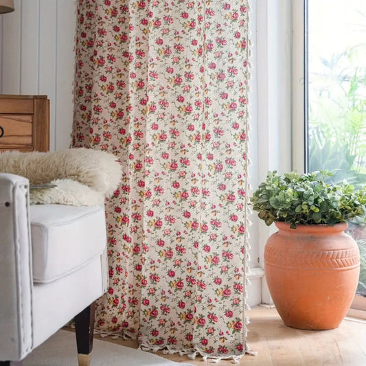 Floral Tasseled Soft Cotton Curtain | Semi-Sheer, UV-Resistant