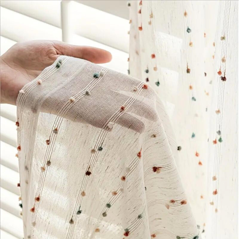 Sugar Bean Rainbow Tulle Curtain | Semi-Sheer, Embroidered Rainbow