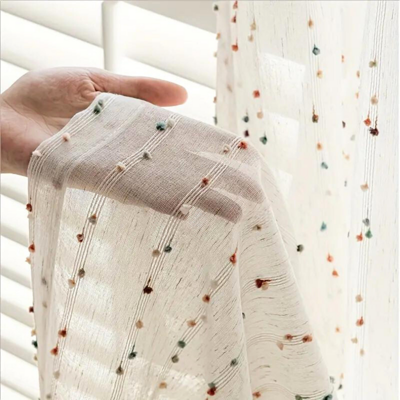 Sugar Bean Rainbow Tulle Curtain | Semi-Sheer, Embroidered Rainbow