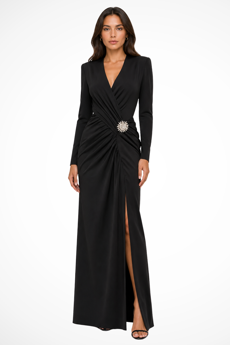 Perla Women's Maxi Dress | Ruched, Side Slit, V-neck