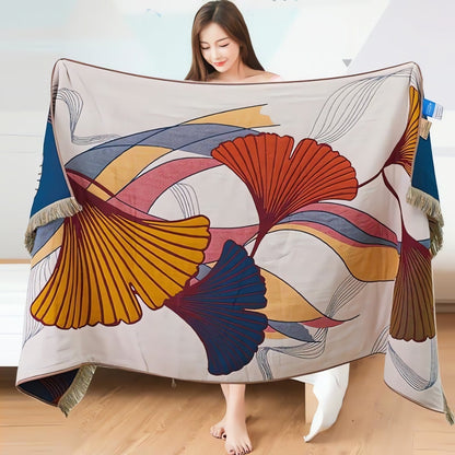 Cotton Gauze Bath Towel | Ginkgo Print, Tassel Edge