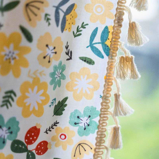 Yellow Flower Tassel Curtain | Cotton-Linen, Semi-Blackout