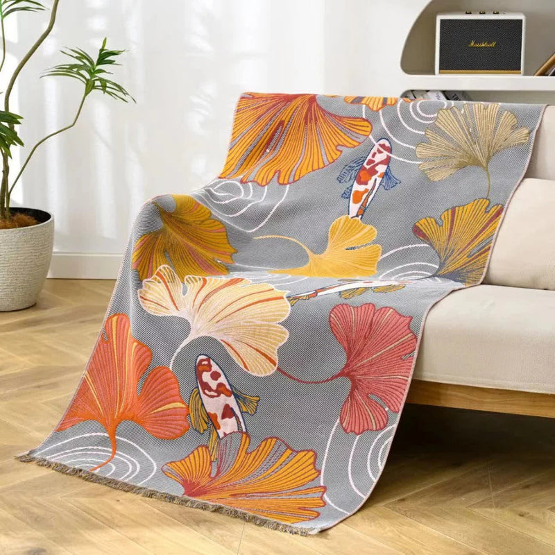 Cotton Gauze Bath Towel | Koi & Ginkgo Motif