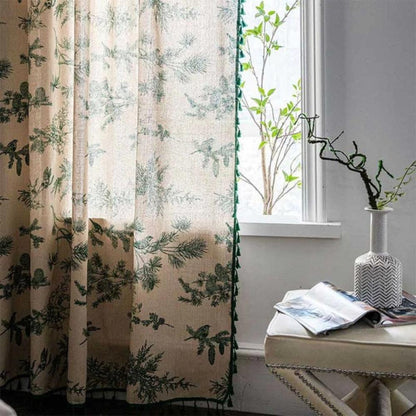 Green Pine Bird Pattern Tassel Curtain | Cotton-Linen, Semi-Blackout