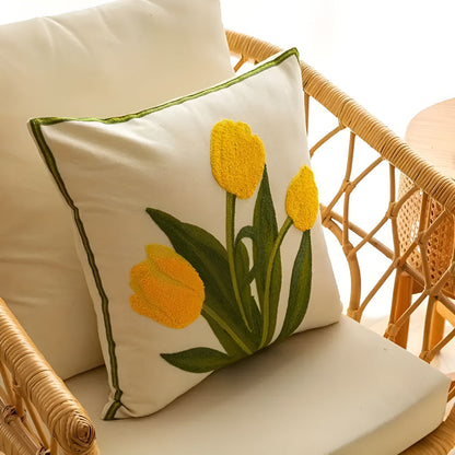 Blooming Tulip Cotton Cushion Cover | Floral Embroidery, Zip Closure