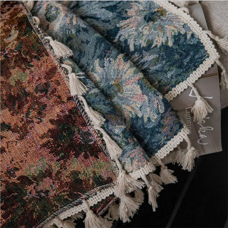 Navy Floral Tassel Curtains | Brushed Polyester, Boho Style