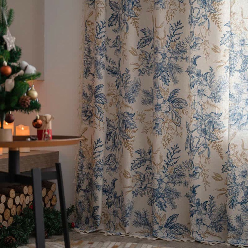 Farmhouse Botanical Blue Floral Curtain | Cotton-Linen, Semi-Blackout