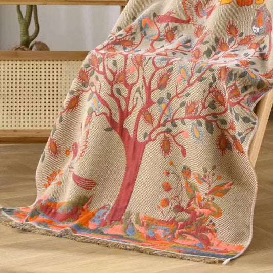 Cotton Gauze Bath Towel | Tree Print, Tassel Edge
