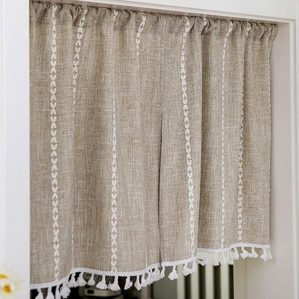Boho Cotton Linen Kitchen Curtains | Jacquard Stripe, Valance