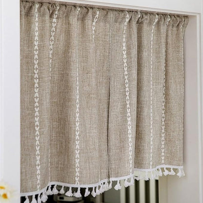 Boho Cotton Linen Kitchen Curtains | Jacquard Stripe, Valance