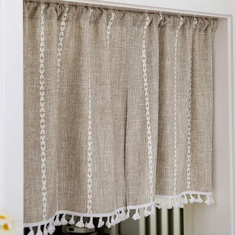 Boho Cotton Linen Kitchen Curtains | Jacquard Stripe, Valance