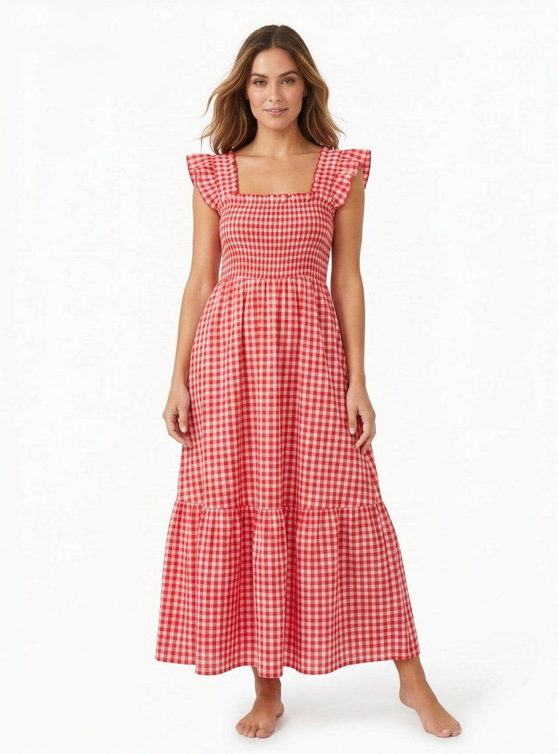 Mabel Women's Plaid Maxi Dress | Retro, Smocked, Spaghetti Strap