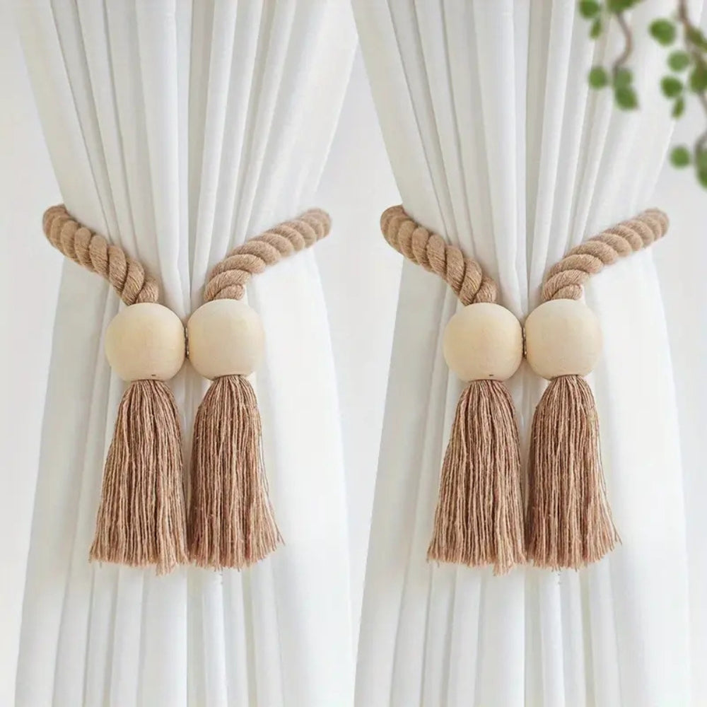 Wooden Bead Tassel Curtain Tie Backs | Handcrafted, 2-Pack
