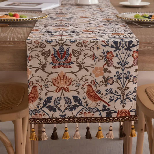 Vintage Floral & Bird Jacquard Table Runner | Tasselled Edges, Easy Care
