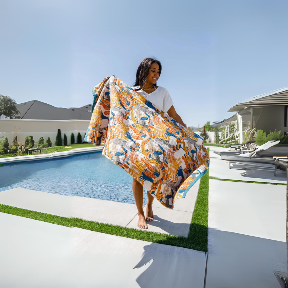 Reversible Cotton Beach Towel | Flower & Bird Print