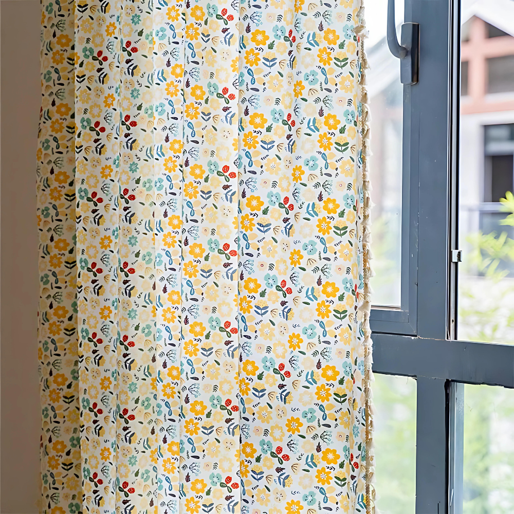 Yellow Flower Tassel Curtain | Cotton-Linen, Semi-Blackout