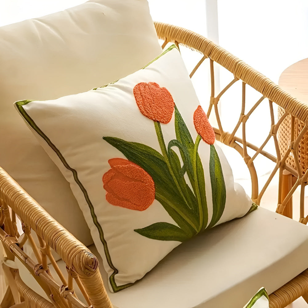Blooming Tulip Cotton Cushion Cover | Floral Embroidery, Zip Closure