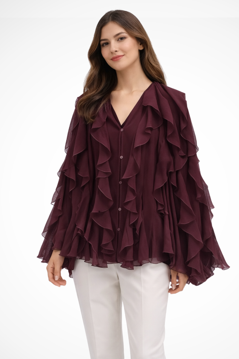 Nora Women's Ruffled Blouse | V-neck, Long Sleeve