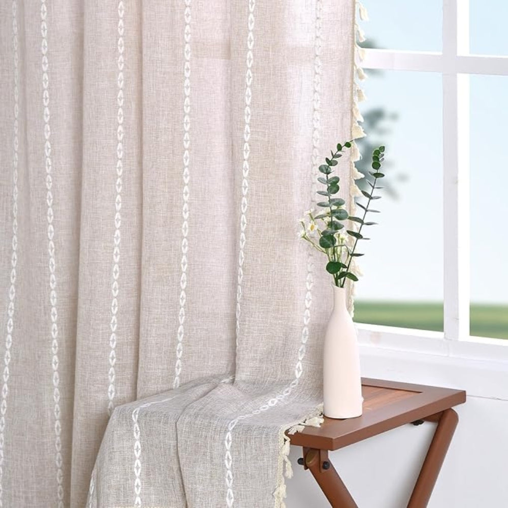 Boho Cotton Linen Kitchen Curtains | Jacquard Stripe, Valance
