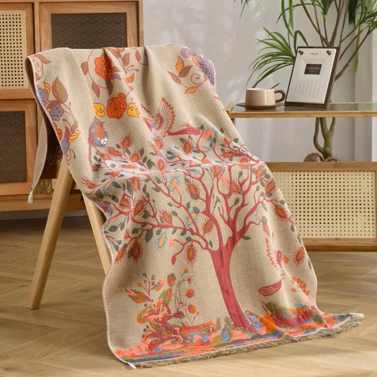 Cotton Gauze Bath Towel | Tree Print, Tassel Edge