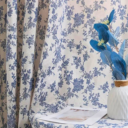 Blue Rose Floral Home Curtain | Semi-Sheer, Eyelet Top