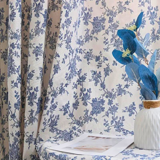 Blue Rose Floral Home Curtain | Semi-Sheer, Eyelet Top
