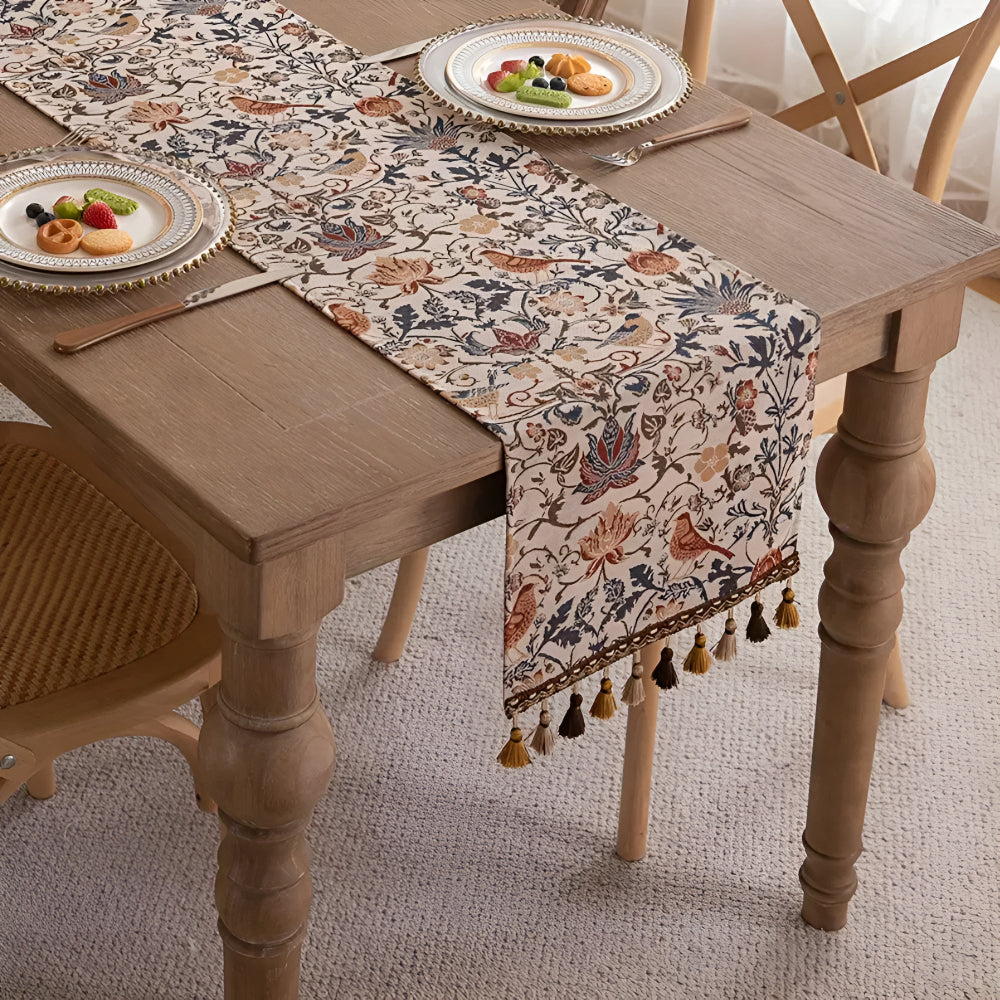 Vintage Floral & Bird Jacquard Table Runner | Tasselled Edges, Easy Care