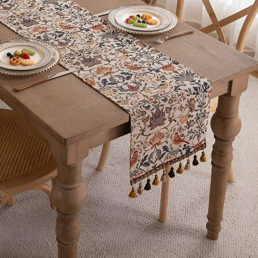 Vintage Floral & Bird Jacquard Table Runner | Tasselled Edges, Easy Care
