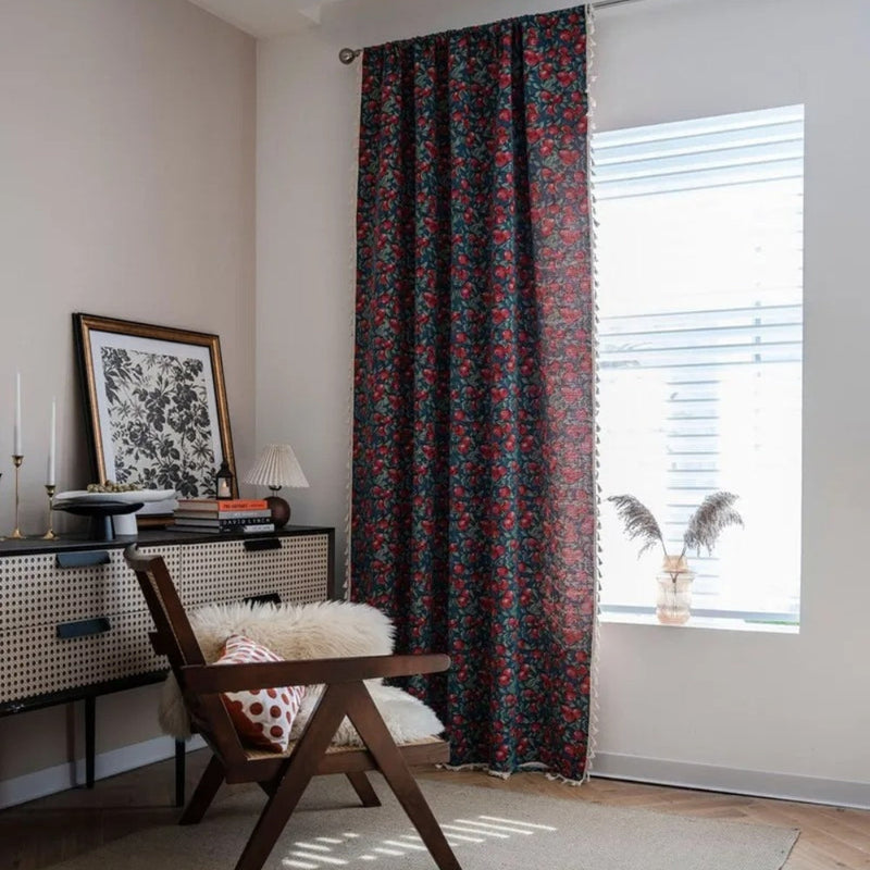 Cherry Bloom Botanical Tassel Curtain | Vintage Print, Semi-Blackout