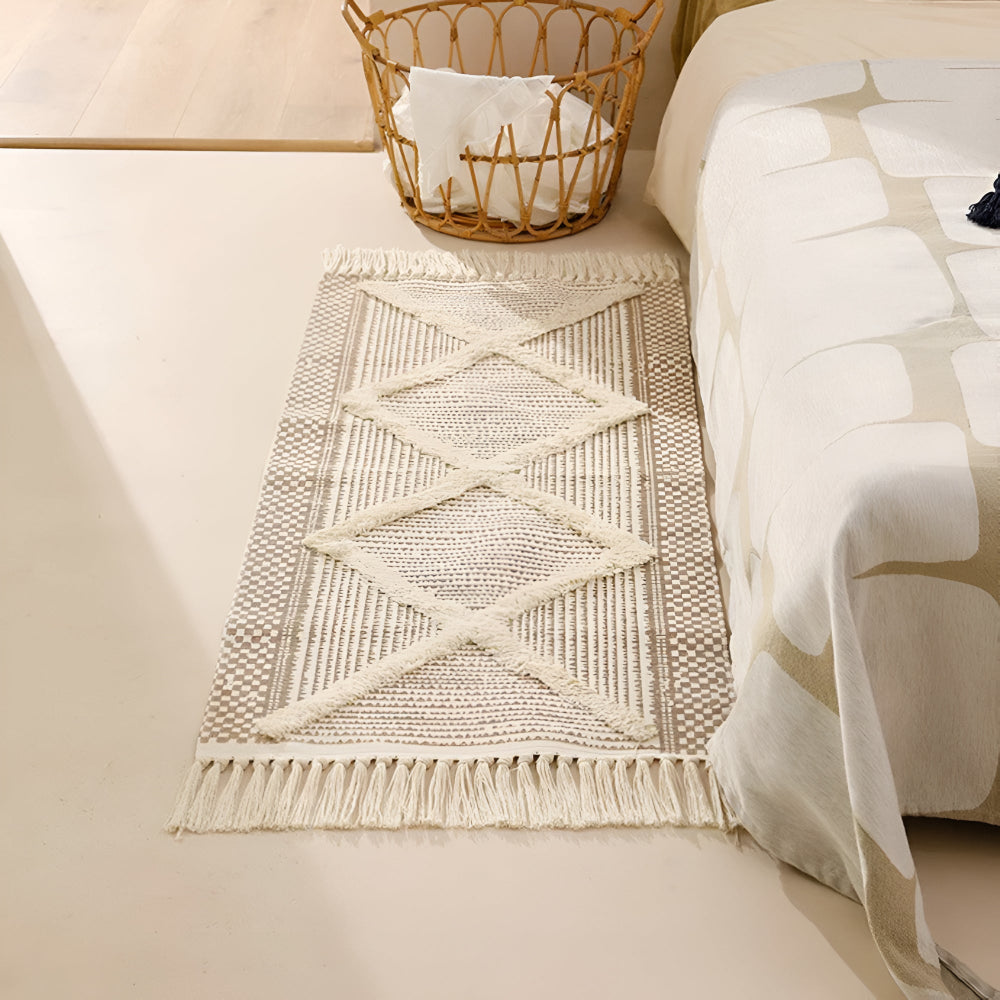 Beige Textured Tassel Rug | Moroccan 3D Tufted, Machine Washable